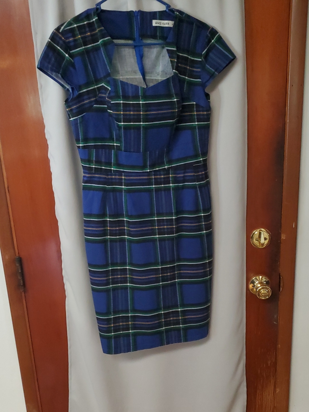Grace Karin Blue and Green Plaid Cap-Sleeve Sheath Dress